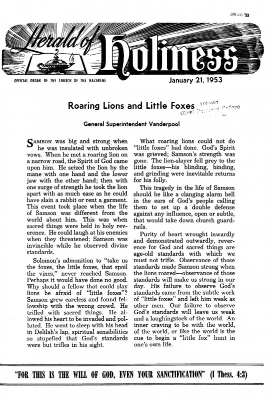 Title Page of Herald of Holiness - January 21, 1953