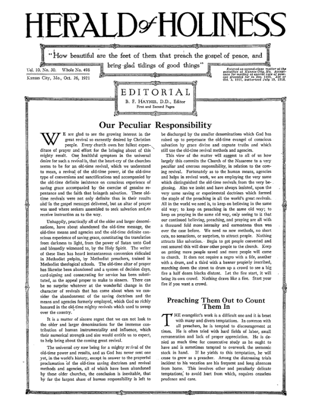 Front page of Herald of Holiness - October 26, 1921