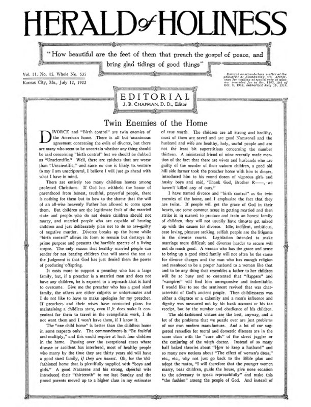 Front page of Herald of Holiness - July 12, 1922