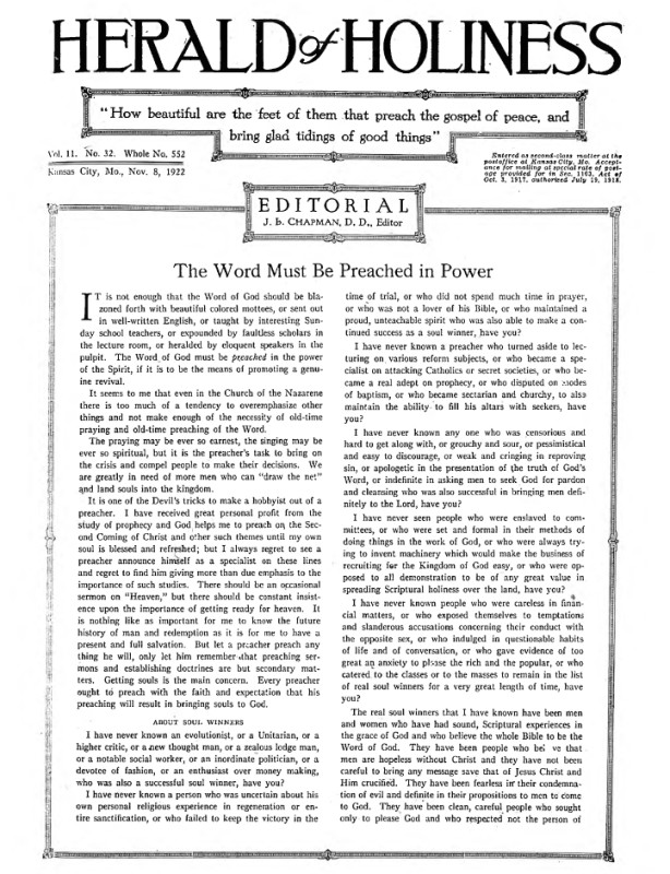 Front page of Herald of Holiness - November 8, 1922