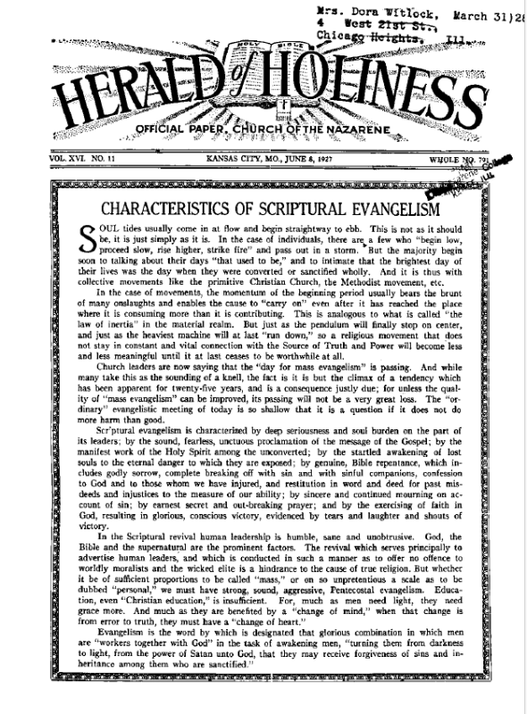Front page of Herald of Holiness - June 8, 1927
