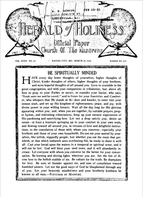 Front page of Herald of Holiness - March 26, 1930