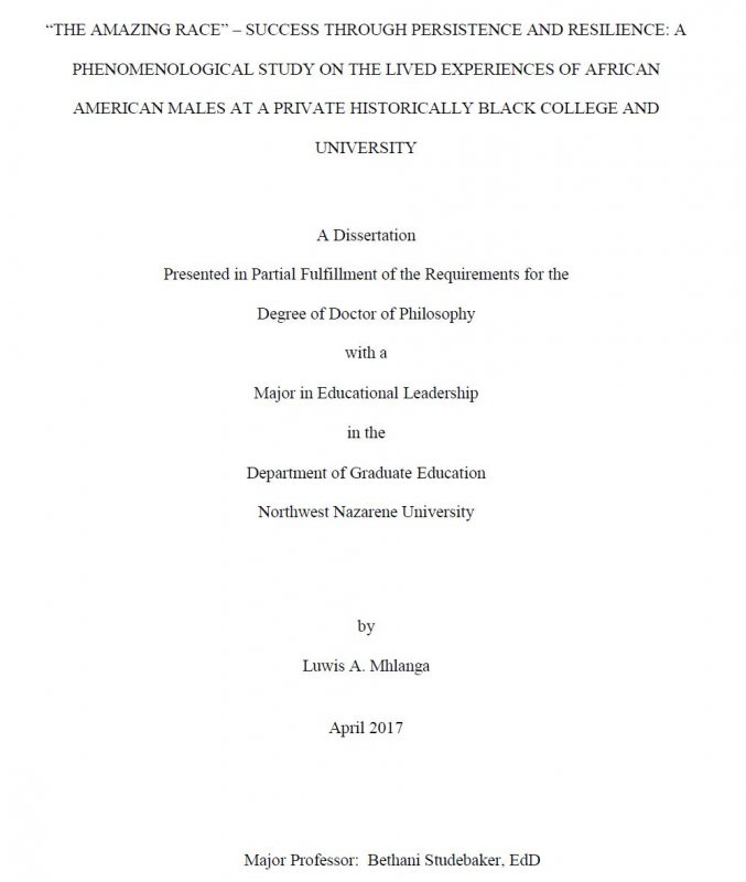 “The amazing race” – success through persistence and resilience: a phenomenological study on the lived experiences of African American males at a private historically black college and university